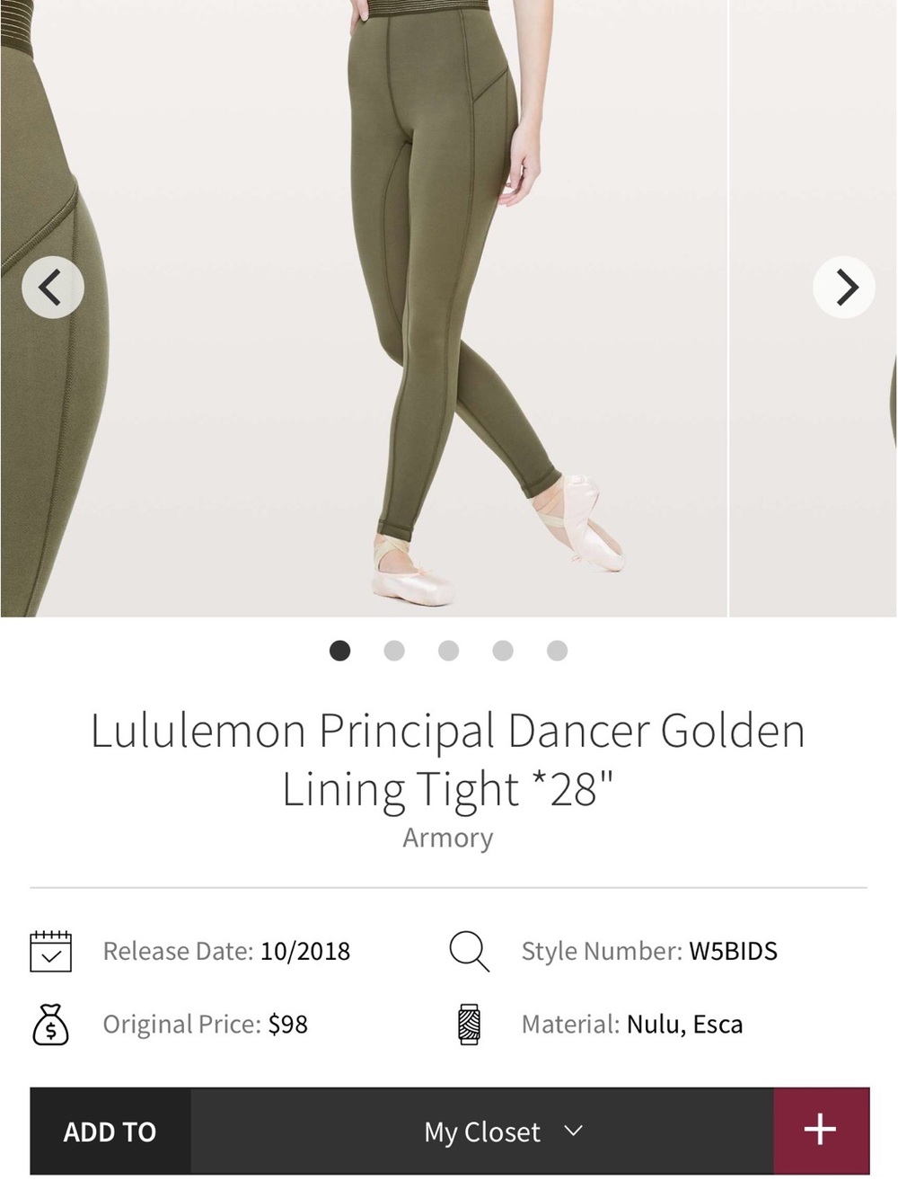lululemon athletica Principal Dancer Tight in Armory Green - size 8 - 28 inseam